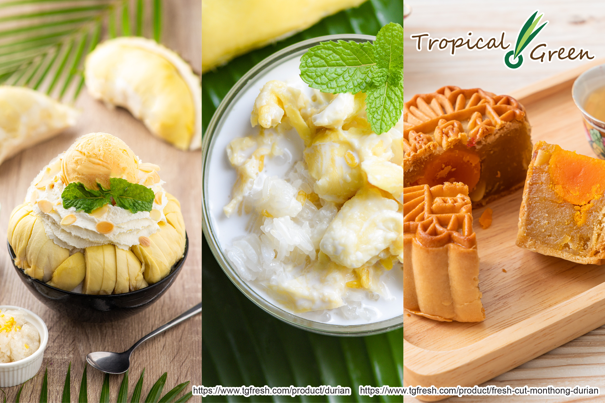 To the left, we have the durian ice cream. In the middle, we have Kao Niaow Tu Rian which is sliced durian eaten with sticky rice and coconut sauce. To the right, we have the durian flavored Moon Cake which is a popular Chinese bakery eaten during the Mid-Autumn Festival.