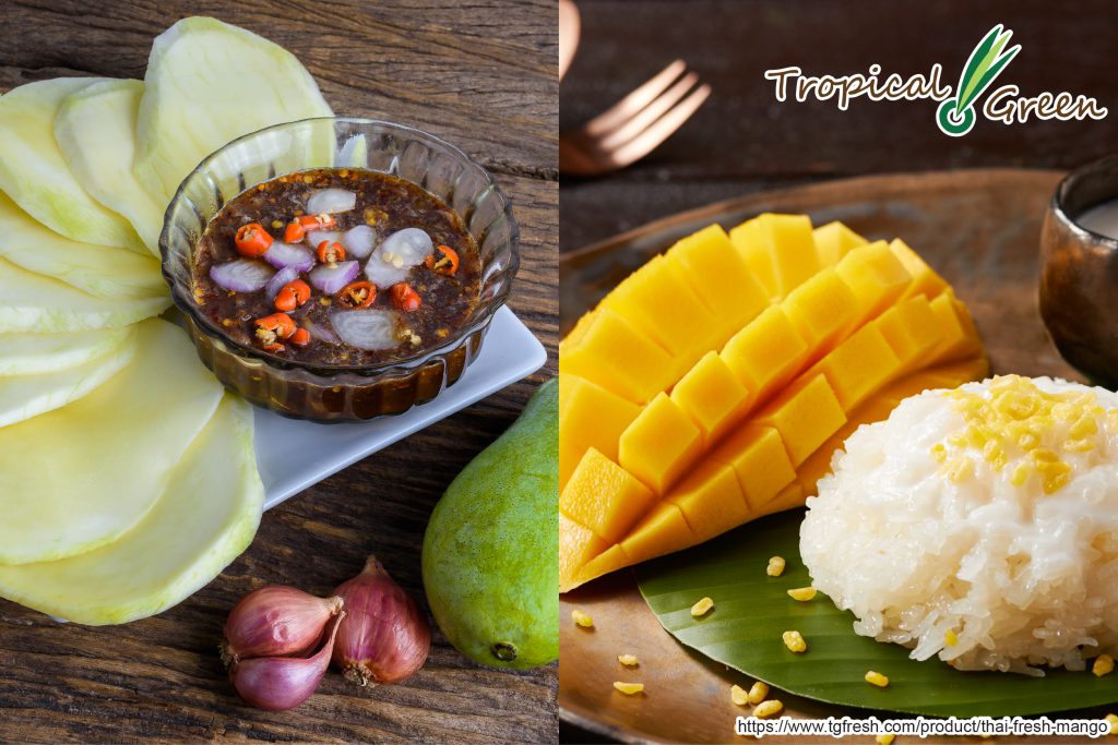 To the left is the Nam Pla Whan, sweet fish sauce that Thais use to complement the sour taste of the mangoes. To the right is the Kao Niaow Ma Muang, sweet sticky rice that is eaten with ripe mangoes and coconut sauce.